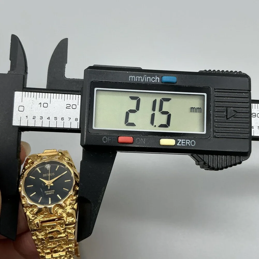 Benrus Womens Watch 22mm Black Dial Gold Tone Textured Bracelet New Battery 6.5